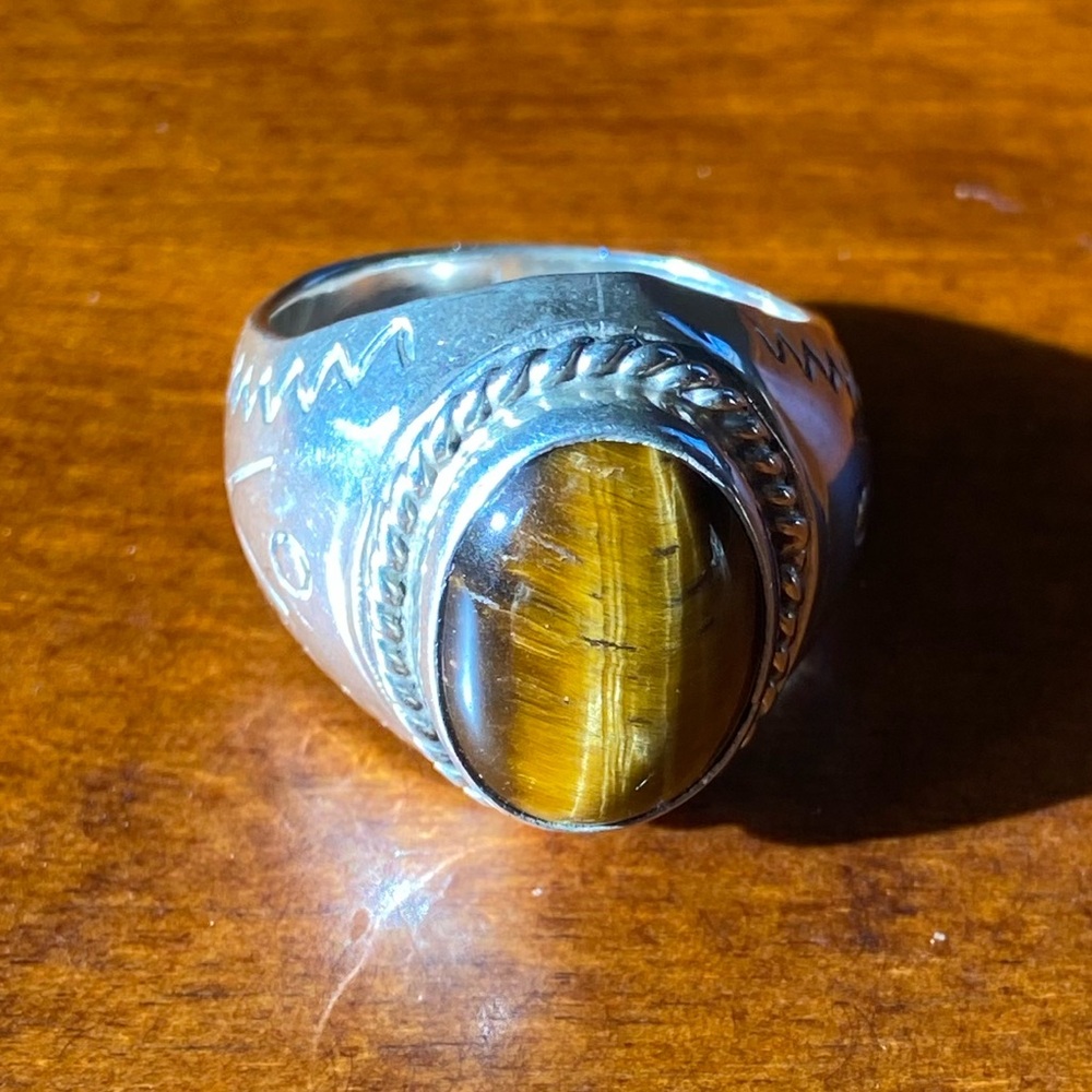 Mexico Silver Sterling Tiger Eye Size 14 Men’s Ring - Picture 5 of 9